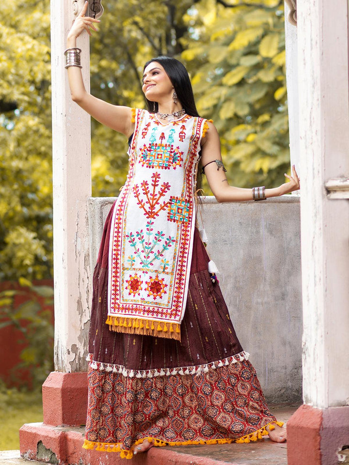 White Color aari Work Embroidery Top with Brown color readymade Lehenga skirt - VJV Now