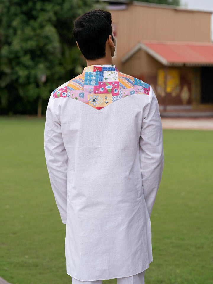 White Color Cotton fabric Multi Color Digital Printed Embroidery work kurta Set for men - VJV Now