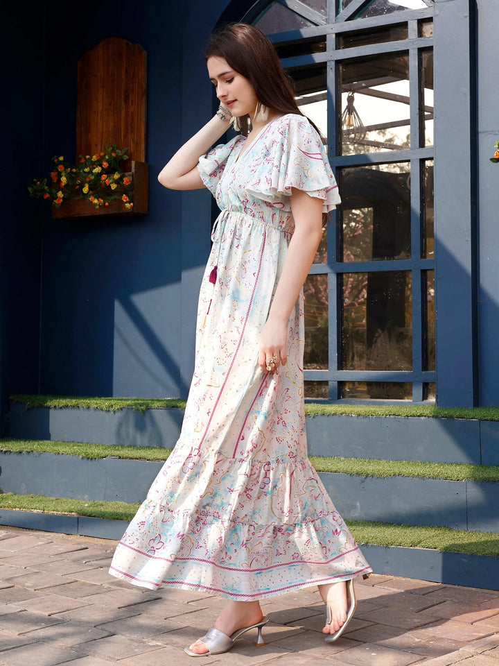 White Color Printed Dress Festive Wear - VJV Now