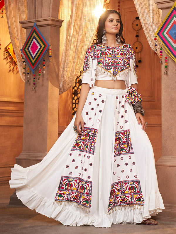 White Embroidered Designer Koti Style Lehenga Choli for Navratri - VJV Now