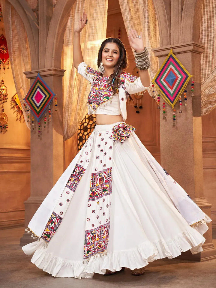 White Embroidered Designer Koti Style Lehenga Choli for Navratri - VJV Now