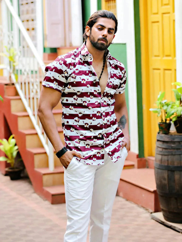 White Floral Printed Wine Color Beach Wear Mens Shirt - VJV Now