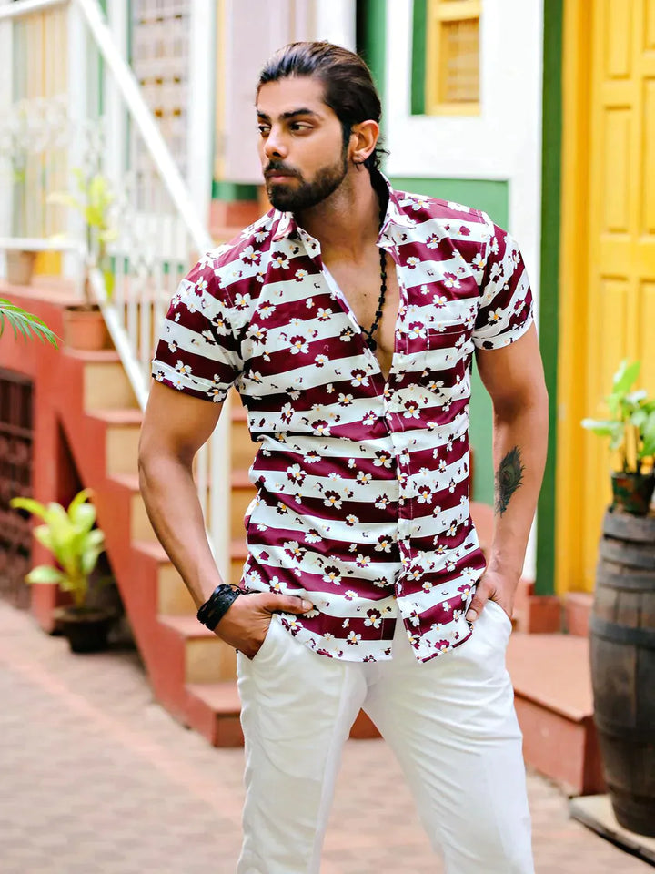 White Floral Printed Wine Color Beach Wear Mens Shirt - VJV Now