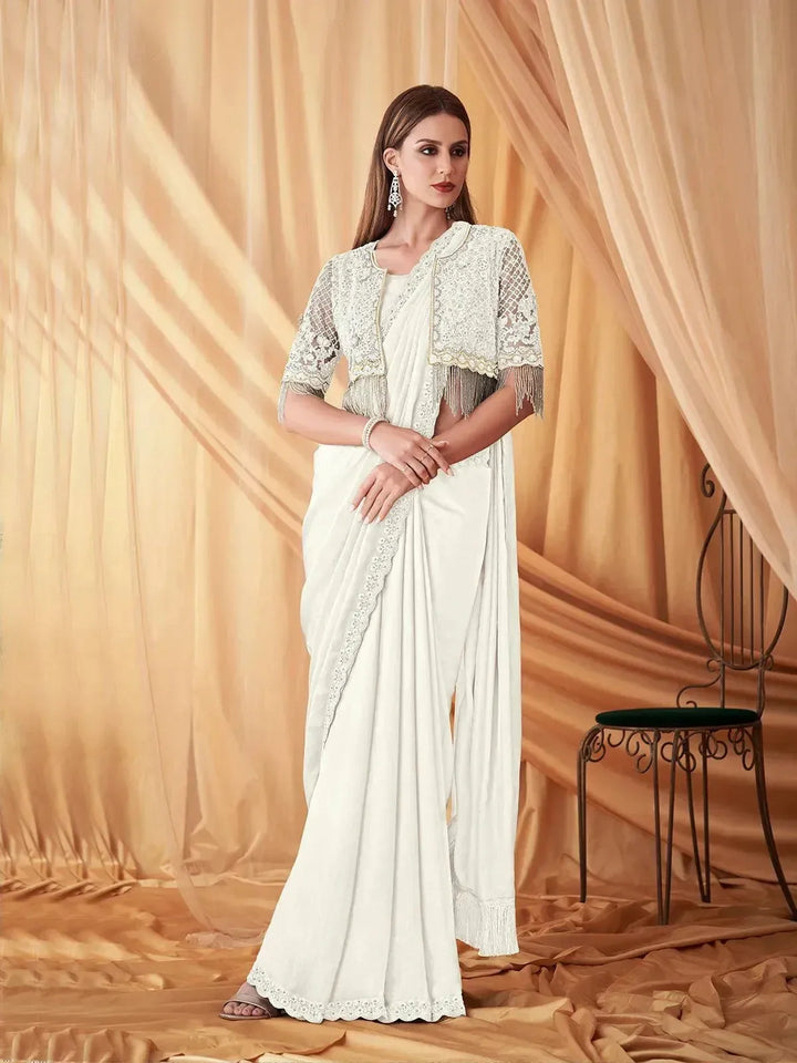 White Georgette Sequin Beadwork Saree with Jacket For Party