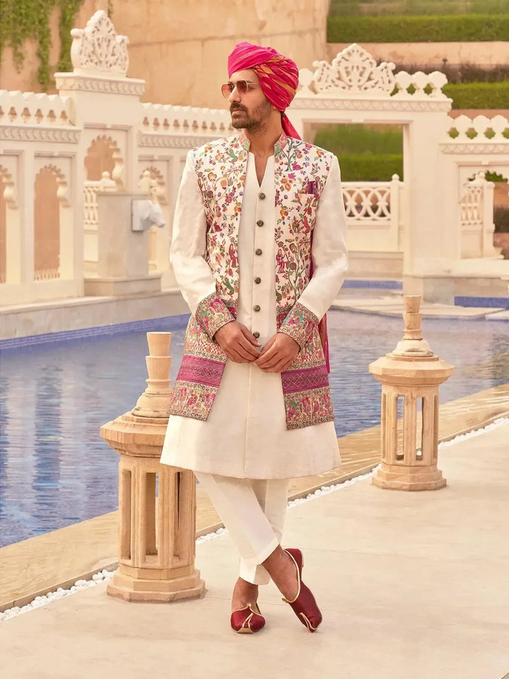 White Men's Indo-wester Koti Kurta Sherwani Set For Weeding