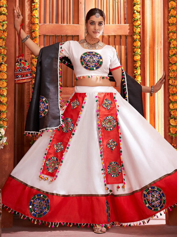 White Silk Embroidered Navratri Lehenga Choli - VJV Now