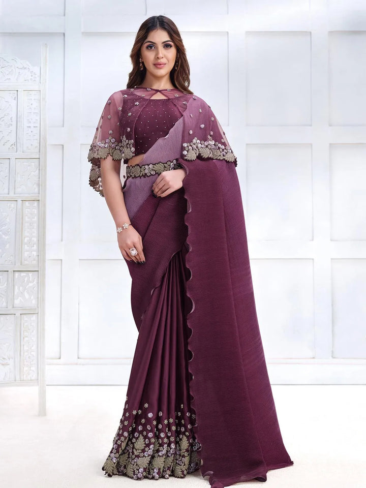 Wine Color Art Silk White Embroidered and Stone Work Saree - VJV Now