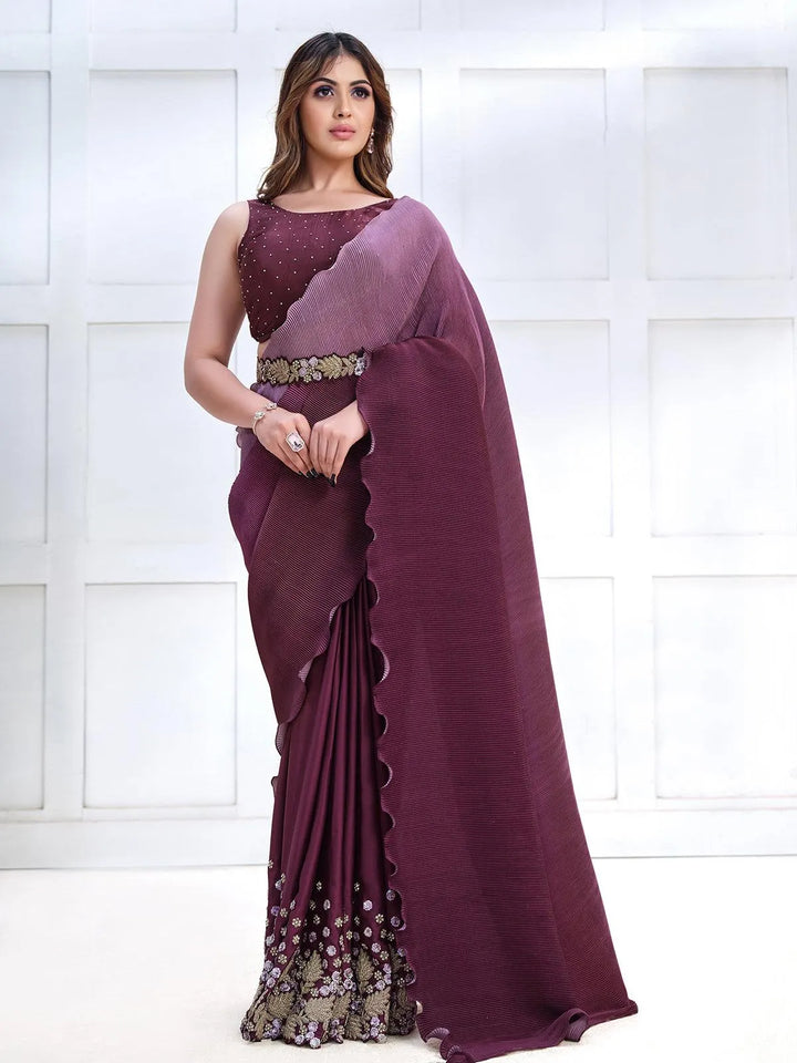 Wine Color Art Silk White Embroidered and Stone Work Saree - VJV Now