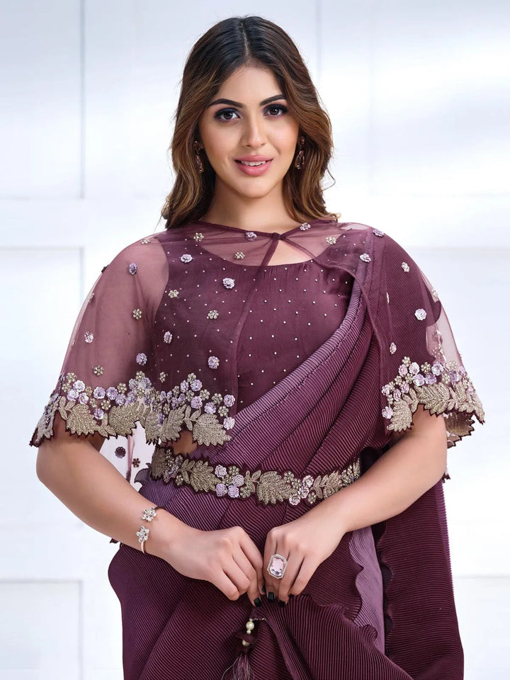 Wine Color Art Silk White Embroidered and Stone Work Saree - VJV Now