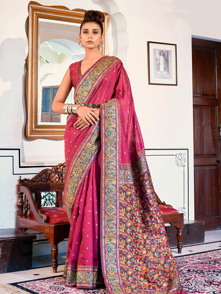 Wine Color Pashmina Border Printed Saree Party Wear - VJV Now