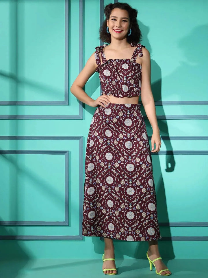 Wine Crepe Floral Printed Top with Matching Skirt - VJV Now