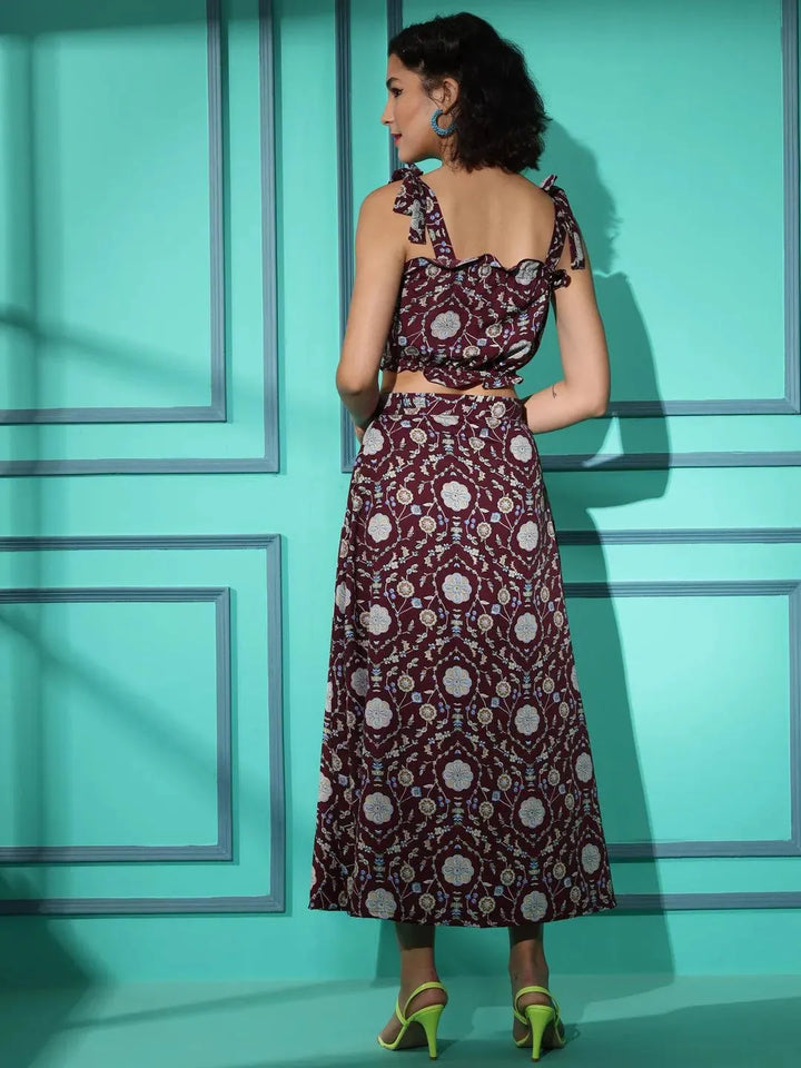 Wine Crepe Floral Printed Top with Matching Skirt - VJV Now