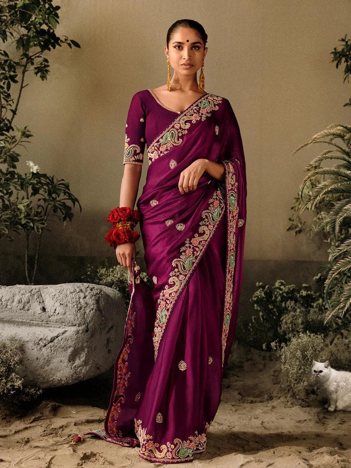 Wine Dola Silk Embroidered Hand Work Saree Party Wear - VJV Now