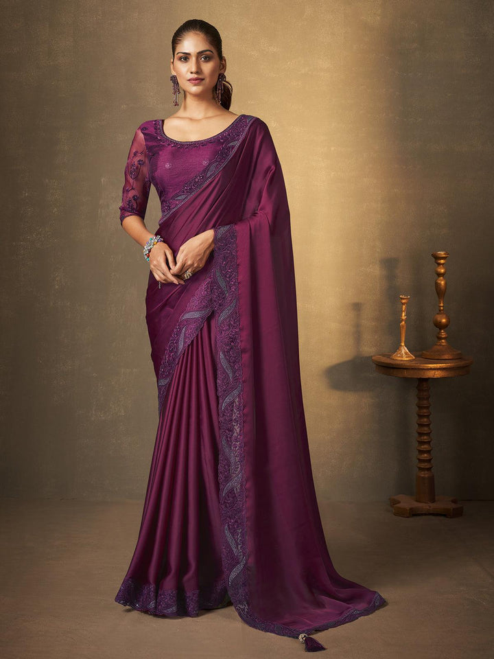 Wine Georgette Saree with Sequins Embroidered Party Wear - VJV Now