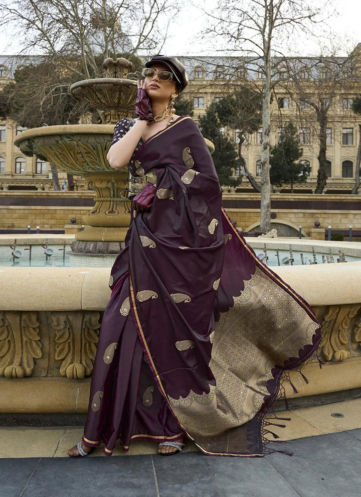 Wine Satin Silk Festive Wear Saree with Intricate Weaving - VJV Now