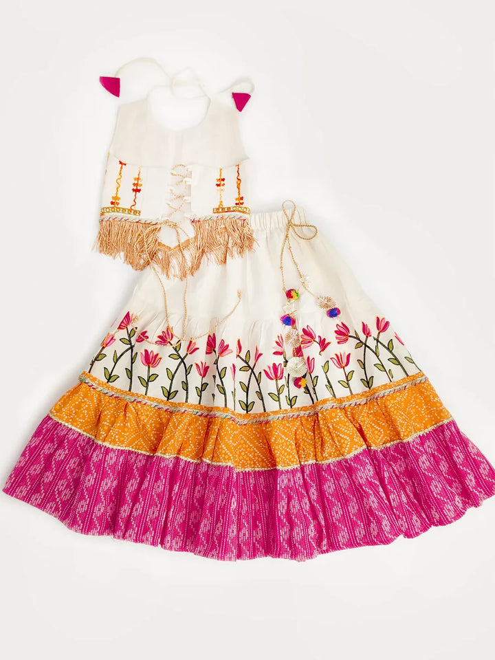 Lotus Pink Chaniya Choli Set for Girls – Embroidered Blouse & Bandhani Lehenga | Navratri, Diwali & Wedding Wear