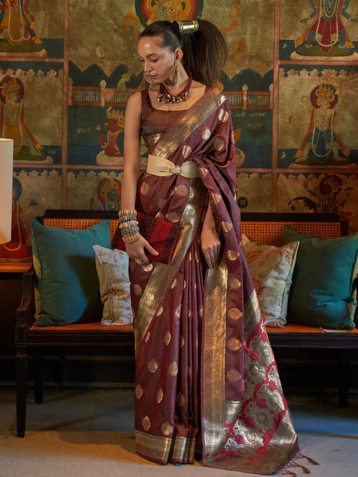 Women's Brown Zari Satin Silk Saree - VJV Now