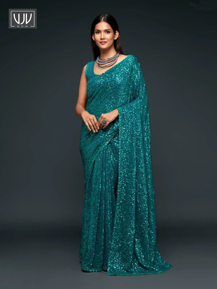 Wonderful Turquoise Color Georgette Designer Party Wear Saree - VJV Now