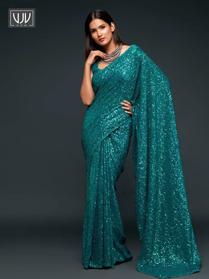 Wonderful Turquoise Color Georgette Designer Party Wear Saree - VJV Now