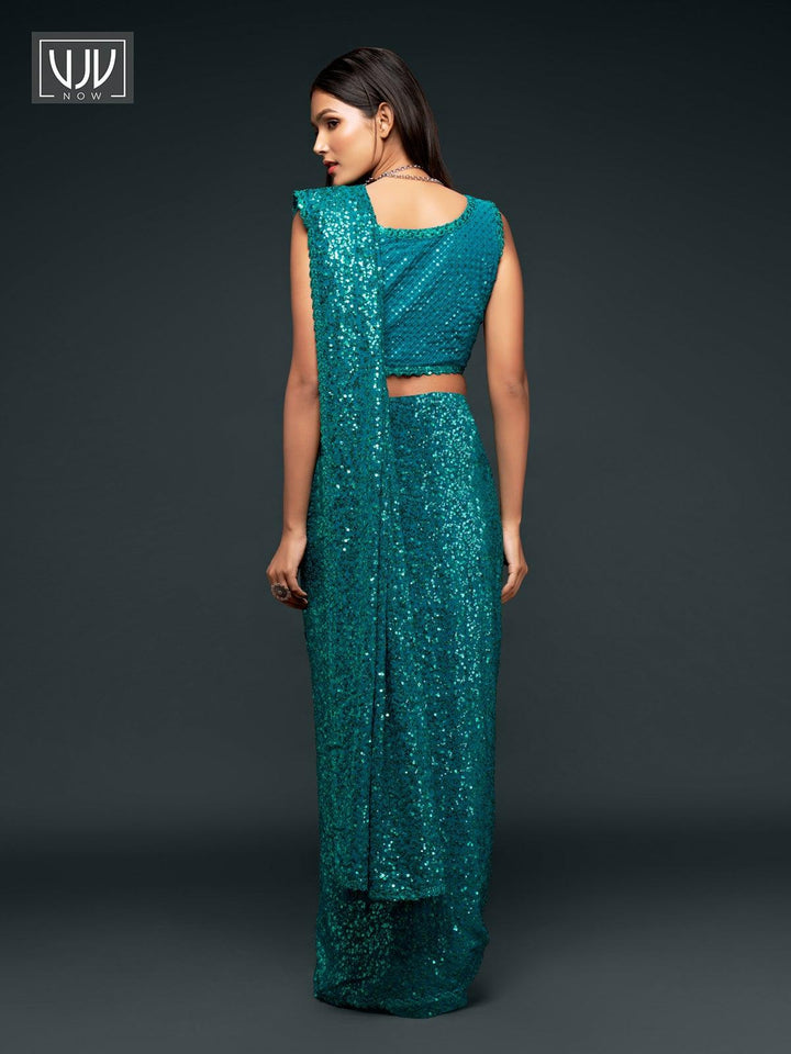 Wonderful Turquoise Color Georgette Designer Party Wear Saree - VJV Now