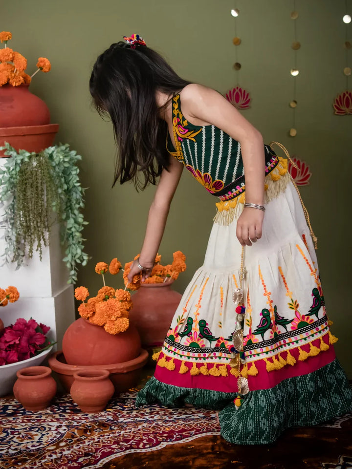 Pure Cotton Parrot Green Lehenga Choli Set with Embroidered Blouse & Ivory Bird Motif Lehenga – Festive
