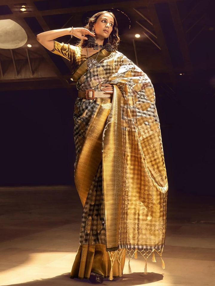 Yellow And Black Checks Design Handloom Silk Saree - VJV Now