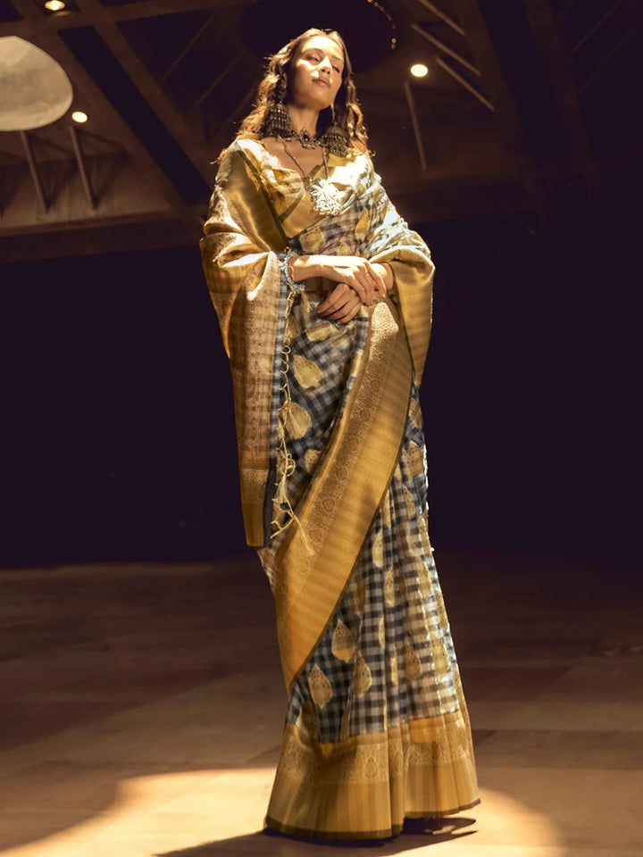 Yellow And Black Checks Design Handloom Silk Saree - VJV Now