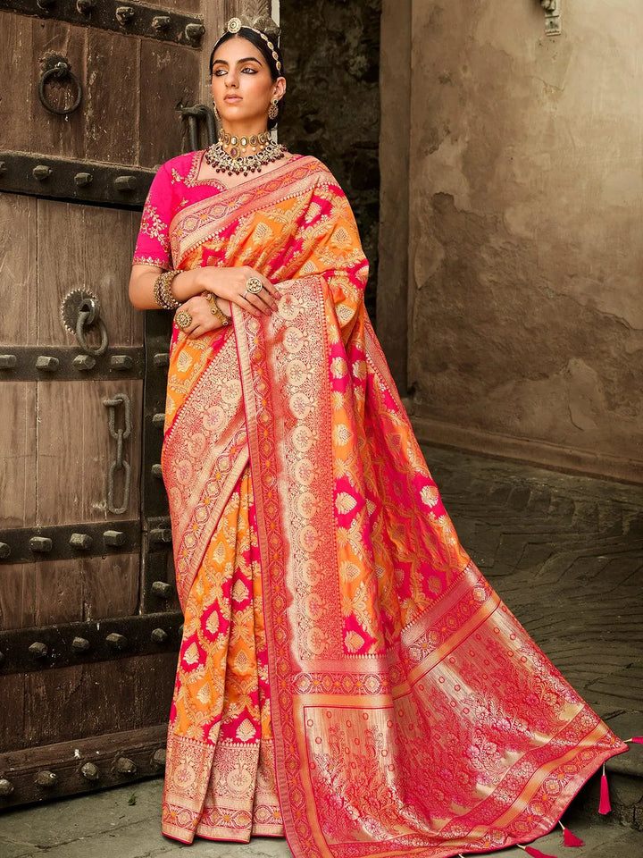 Yellow And Pink Zari Work Banarasi Silk Saree - VJV Now