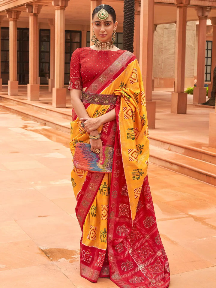 yellow And Red Woven Patola Silk Saree - VJV Now