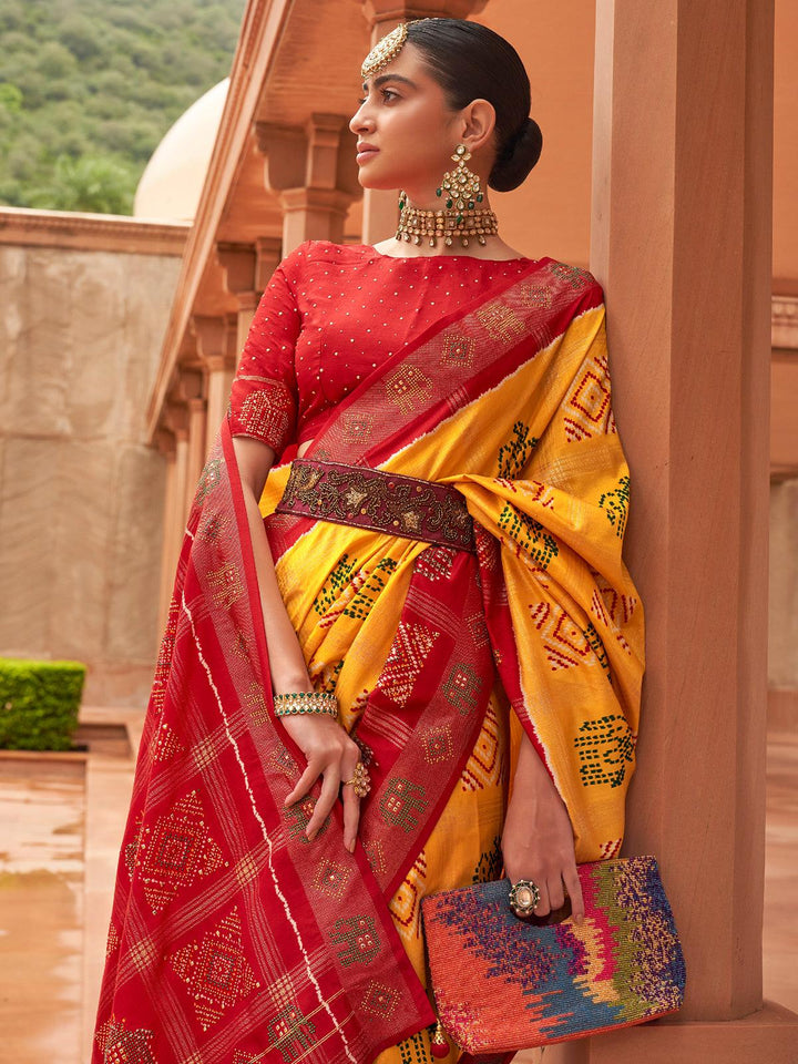 yellow And Red Woven Patola Silk Saree - VJV Now