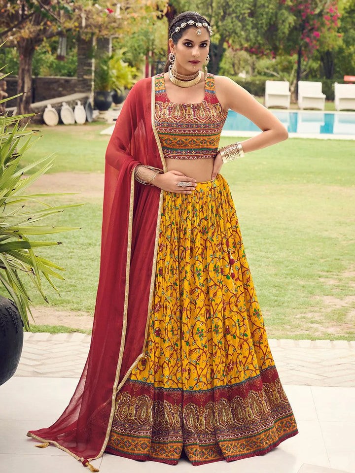 Yellow Color Digital Printed Sequence Work With Embroidered Work Lehenga Choli - VJV Now