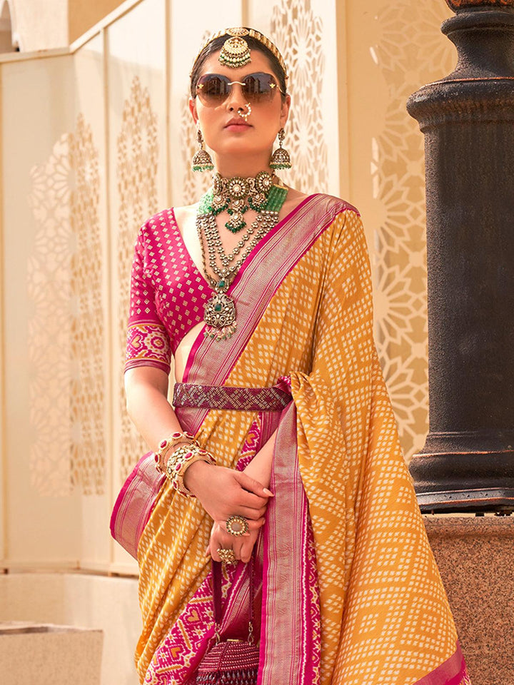 Yellow Color Printed Silk Saree With Zari Border - VJV Now