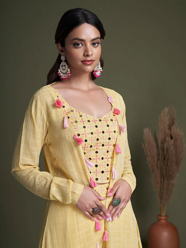 Yellow Contemporary Designer Koti Style Palazzo Crop Top Set - VJV Now