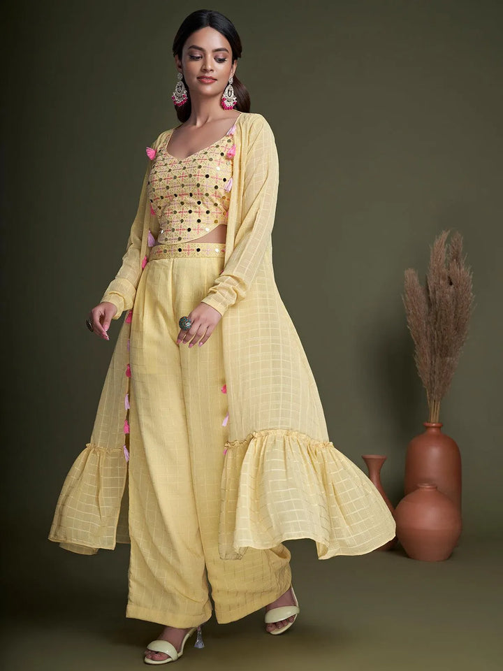 Yellow Contemporary Designer Koti Style Palazzo Crop Top Set - VJV Now