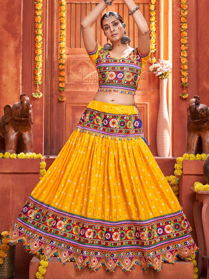Yellow Cotton Mirror Work Navratri Lehenga Choli - VJV Now