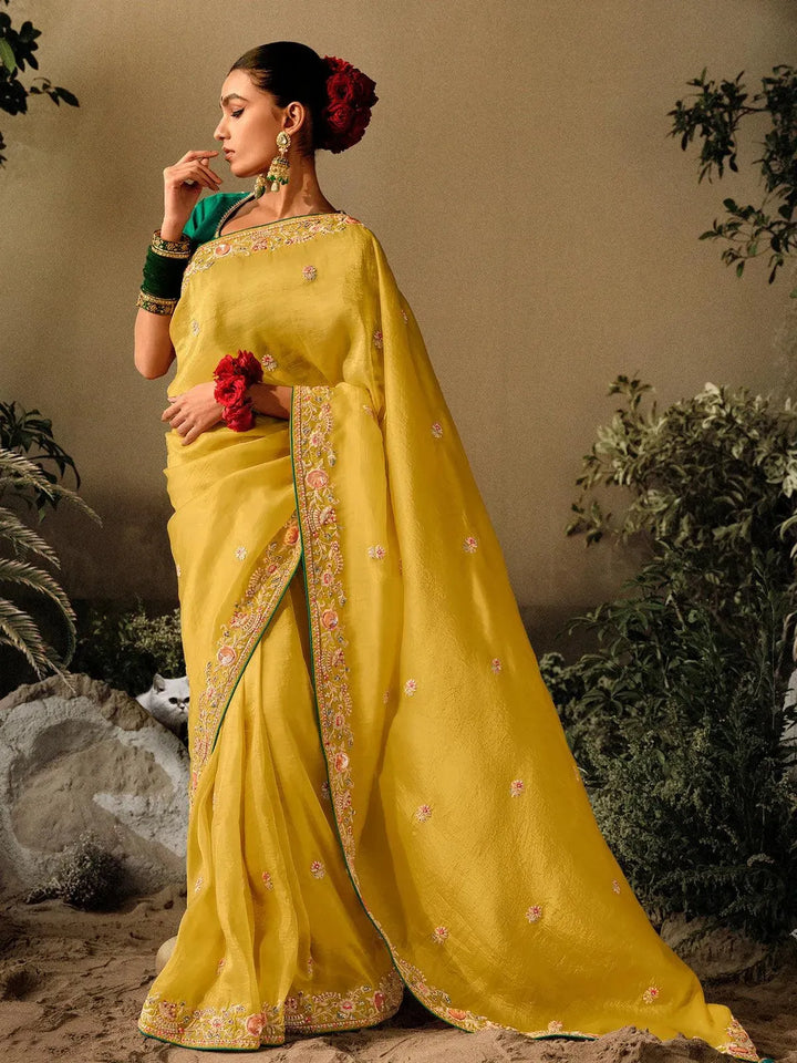 Yellow Dola Silk Embroidered Hand Work Saree Party Wear - VJV Now