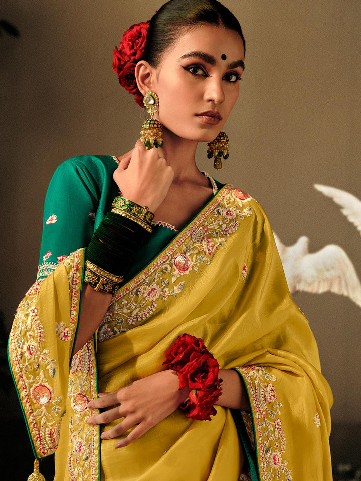 Yellow Dola Silk Embroidered Hand Work Saree Party Wear - VJV Now