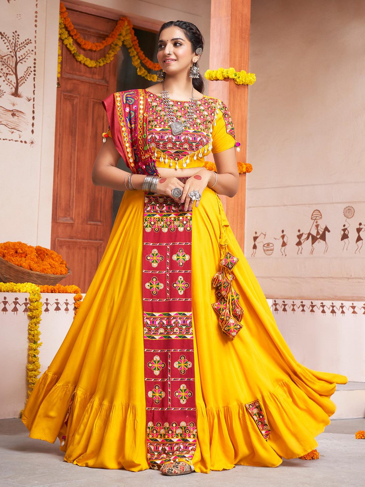 Mustard Yellow Banarasi Silk Lehenga Choli with Contrast Dupatta – Ethnos