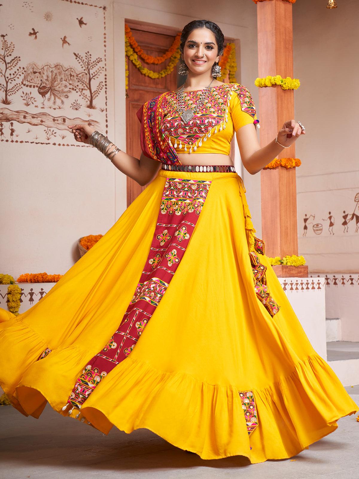 Buy Yellow Embroidered Bridal Lehenga And Blouse Set With Mirror Work