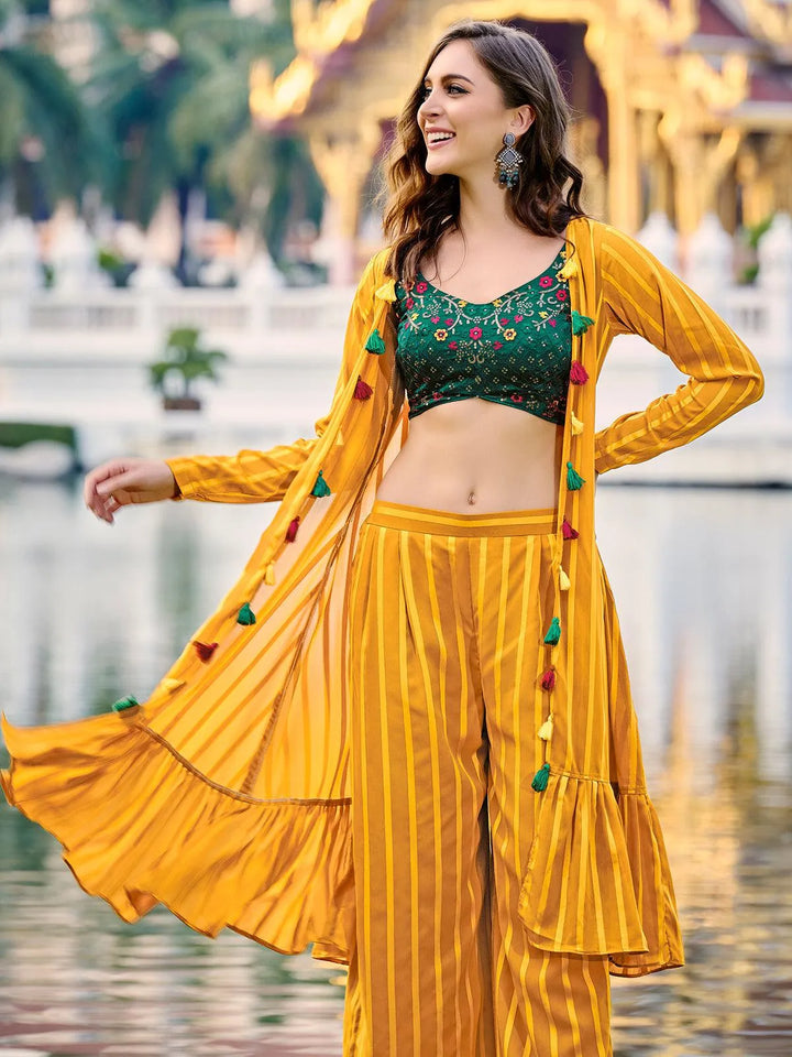 Yellow Green Georgette Embroidered Palazzo Co-Ord Set - VJV Now