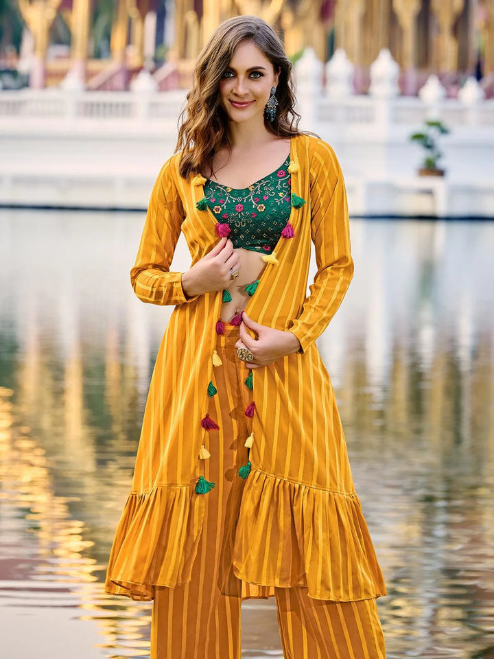 Yellow Green Georgette Embroidered Palazzo Co-Ord Set - VJV Now