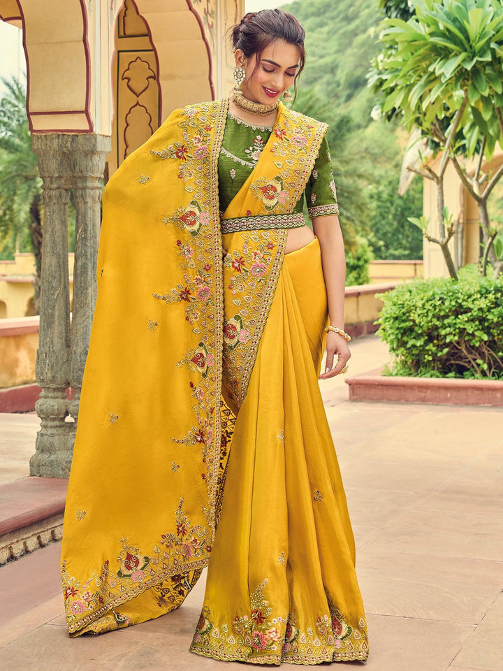 yellow heavy embroidered Silk saree - VJV Now