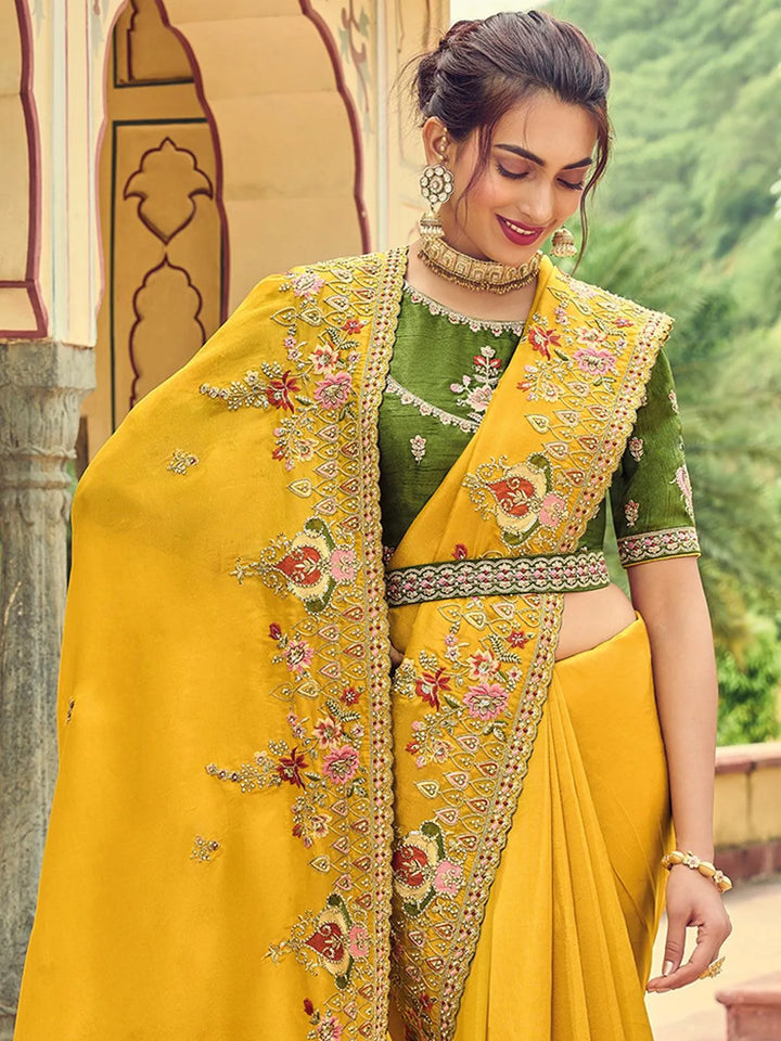 yellow heavy embroidered Silk saree - VJV Now