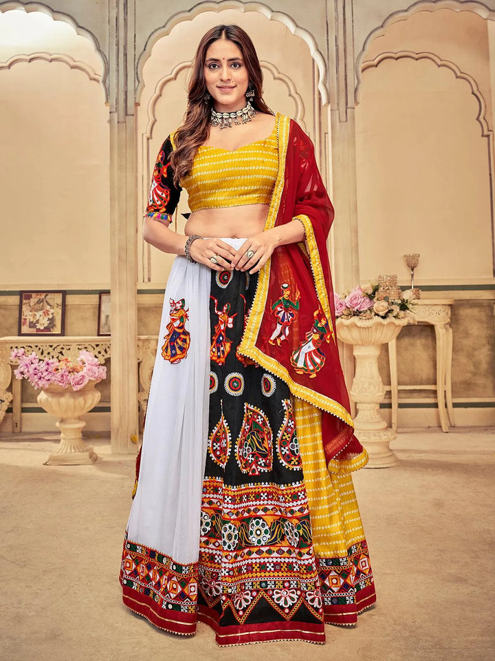 Yellow Navratri Lehenga Choli Set With Embroidered Georgette Work - VJV Now