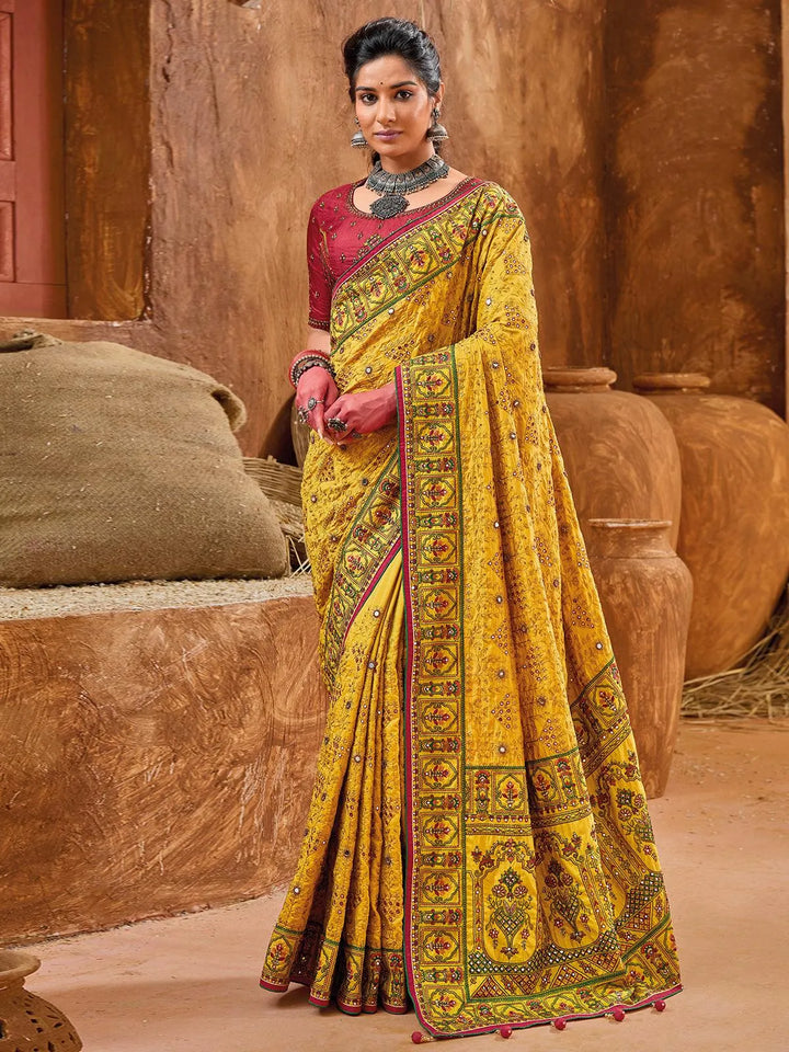 Yellow Pure Banarasi Silk Saree With Kutchi Work & Mirror Heavy Work - VJV Now