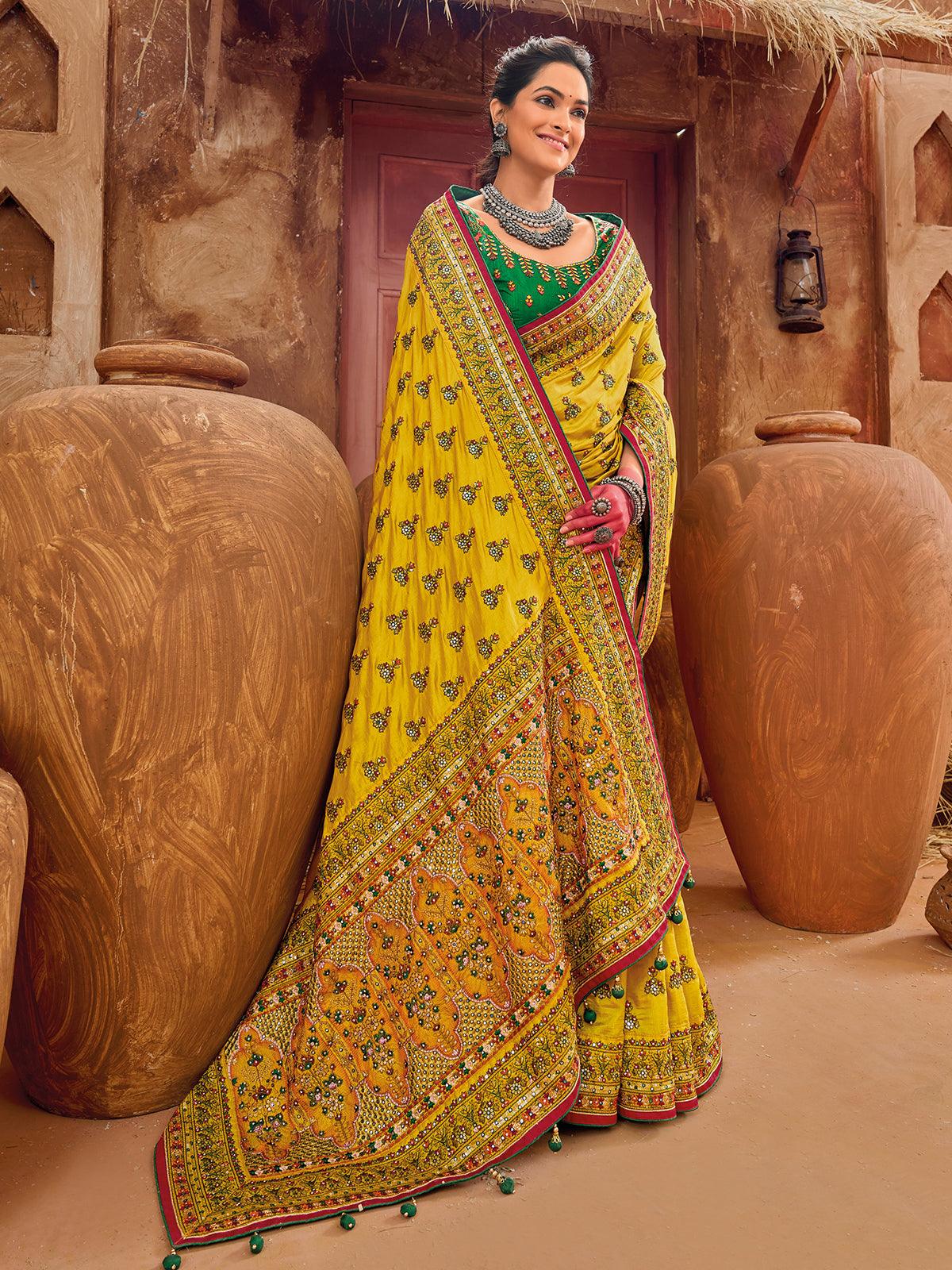 Yellow Satin Silk Handwoven Wedding Festival Heavy Border Saree