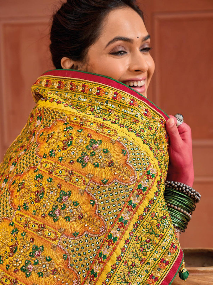 Yellow Pure Banarasi Silk Saree With Kutchi Work & Mirror Heavy Work - VJV Now