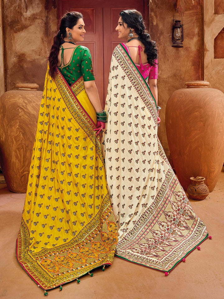 Yellow Pure Banarasi Silk Saree With Kutchi Work & Mirror Heavy Work - VJV Now