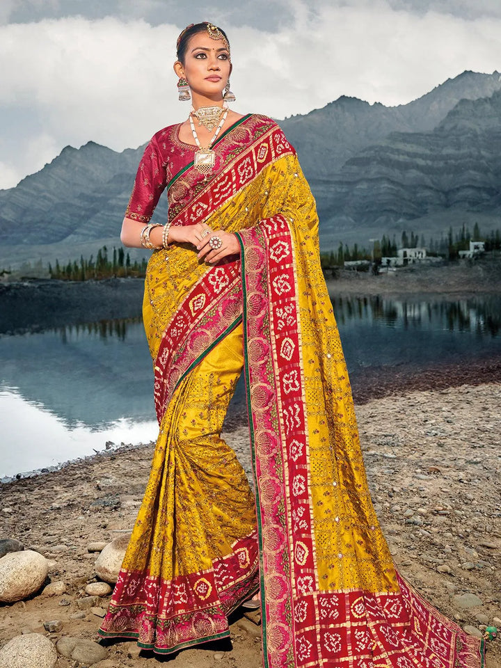 Yellow Pure Gajji Mirror And Cut Dana Work saree - VJV Now