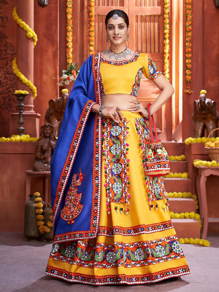 Yellow Silk Embroidered Navratri Lehenga Choli - VJV Now